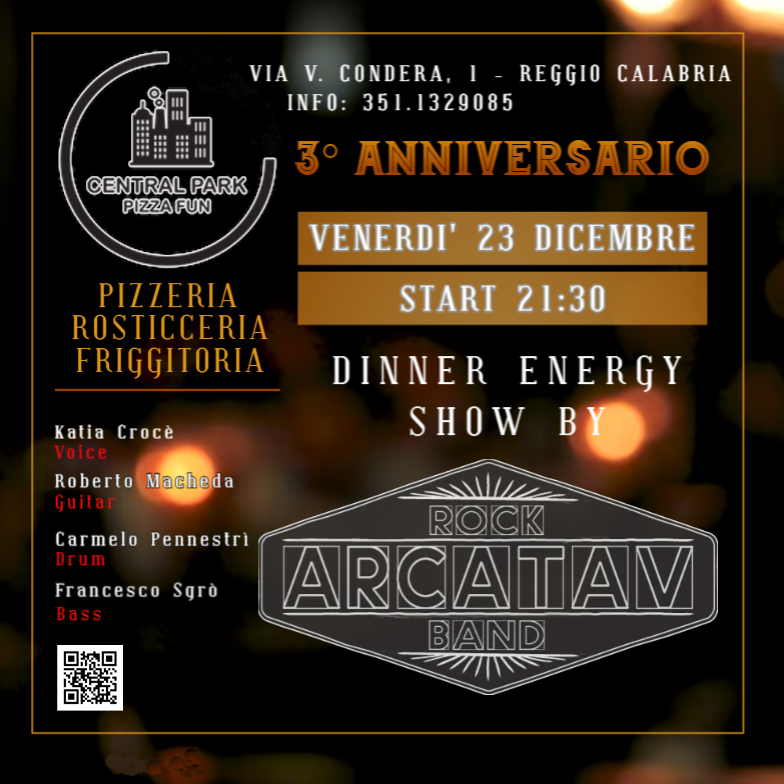 Venerdì 23 𝐃𝐢𝐜𝐞𝐦𝐛𝐫𝐞 ore 21:30 𝑨𝑹𝑪𝑨𝑻𝑨𝑽 𝑹𝒐𝒄𝒌 𝑩𝒂𝒏𝒅 
 3° anniversario del centralpar…