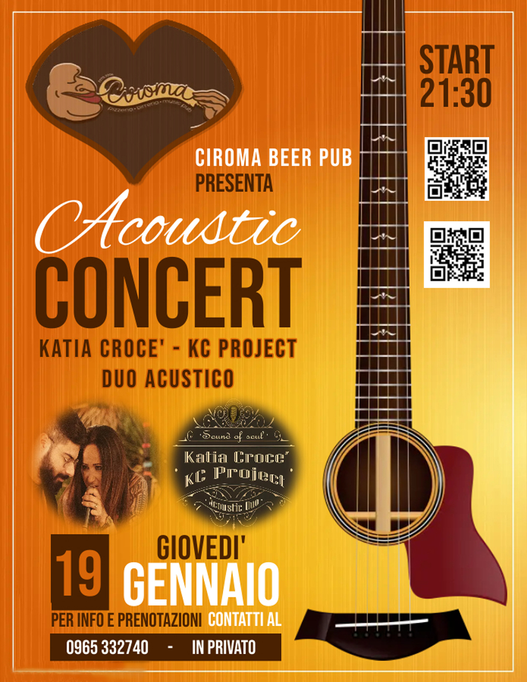 Giovedì 19 𝐆𝐞𝐧𝐧𝐚𝐢𝐨 ore 21:30  – Katia Crocè – KC Project Duo Acustico
 𝐂𝐢𝐫𝐨𝐦𝐚 𝐁…