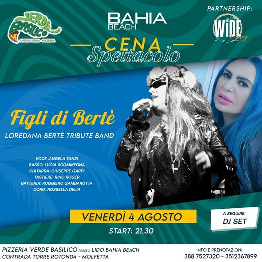 Venerdì 4 agosto al BAHIA BEACH di MOLFETTA ,presso pizzeria verde basilico
 can…