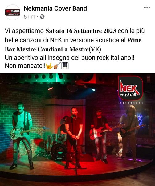Nekmania Cover Band  Bar Mestre Candiani 
CIAO A TUTTI …… SABATO 16 SETTEMBRE PR…