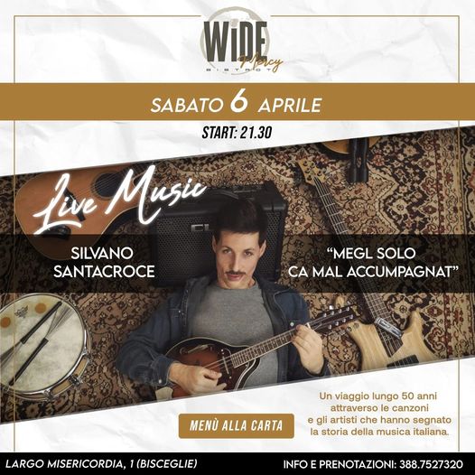 STASERA sabato 6 aprile al wide bistrot
La Cena Spettacolo Live 
MEGL SOLO CA MA…