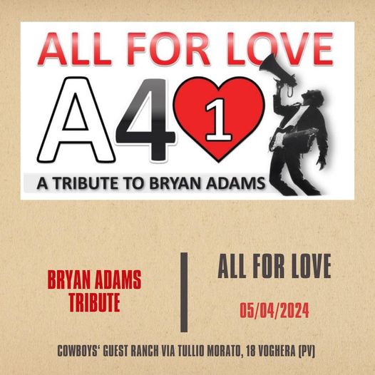 𝐕𝐞𝐧𝐞𝐫𝐝ì 𝟓 𝐀𝐩𝐫𝐢𝐥𝐞!!

A4L – All For Love Italian Bryan Adams Tribute

“ALL FOR LOV…