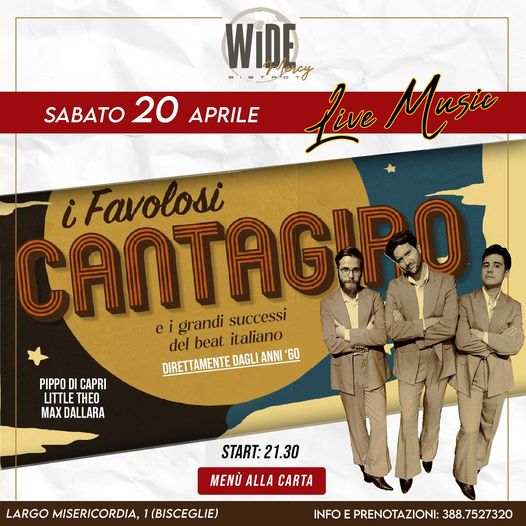 Domani Sabato 20 aprile al wide bistrot
La Cena Spettacolo Live 
dal vivo i favo…
