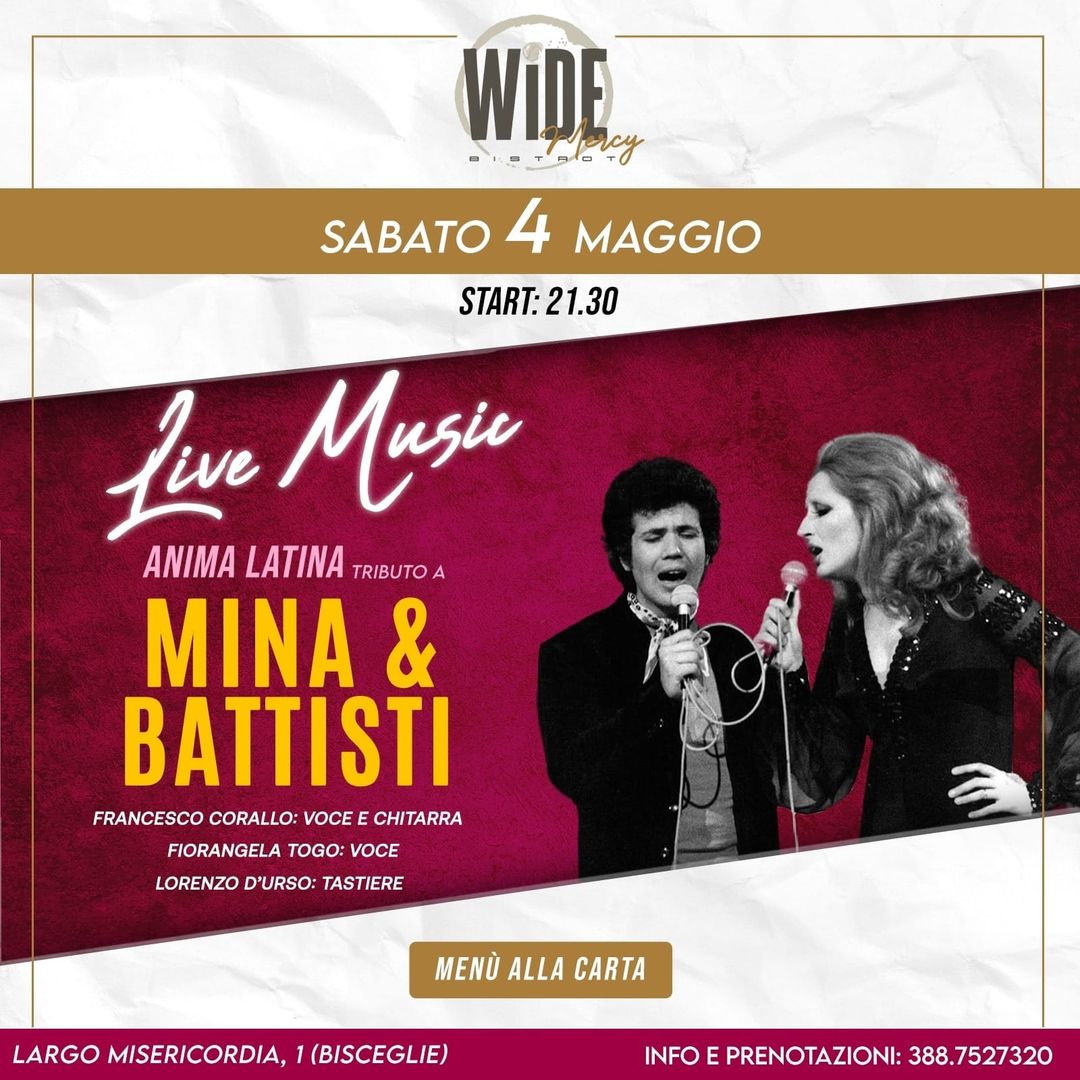 Stasera Sabato 4 maggio al Wide bistrot
 La Cena Spettacolo Live
 ANIMA LATINA t…