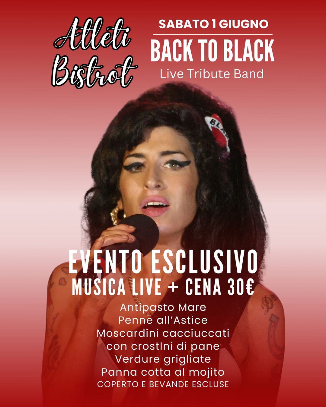 LEGGI IL MENÙ
 Sabato 1 Giugno
 All’Alteti Bistrot i BACK TO BLACK – AMY WINEHOU…