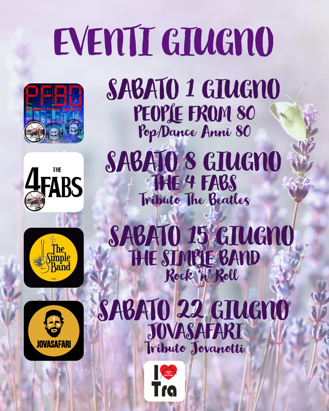 I nostri eventi di Giugno:
 PF80 
 The 4Fabs 
 The Simple Band 
 JOVASAFARI – Jo…