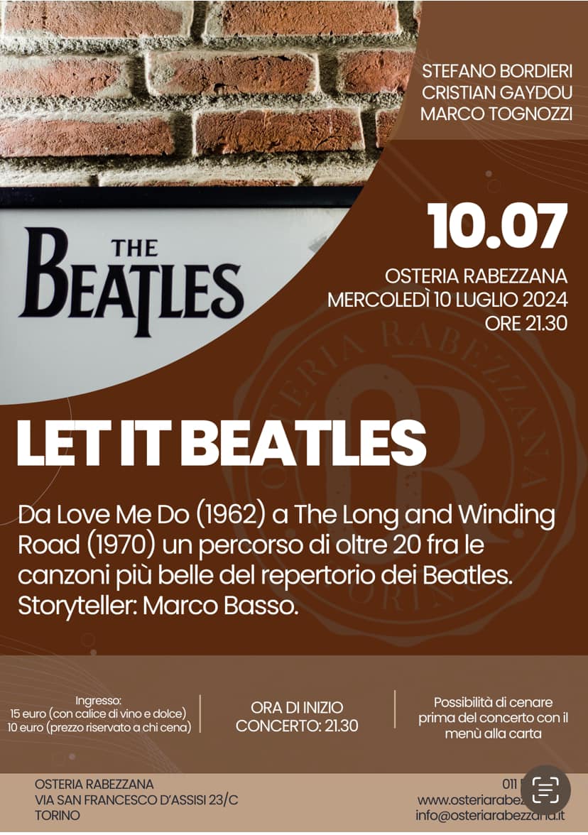 Mercoledì 10 luglio, ore 21.30
 
Let it Beatles
 
 
Da Love Me Do (1962) a The L…