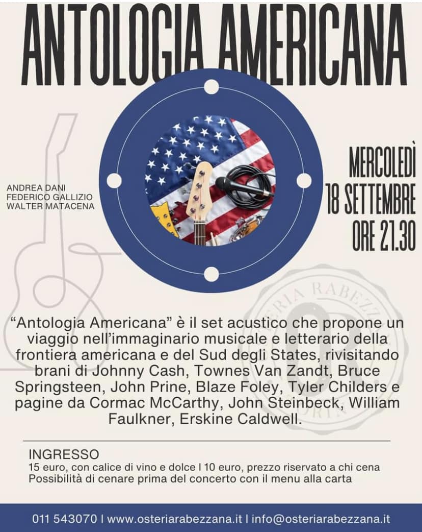 Mercoledì 18 settembre, ore 21.30
Antologia Americana
Parole e canzoni dagli App…